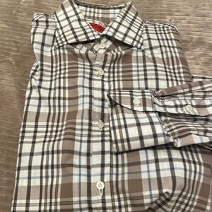 Isaia Napoli Men’s Brown Blue White Plaid Check Cotton Dress Shirt